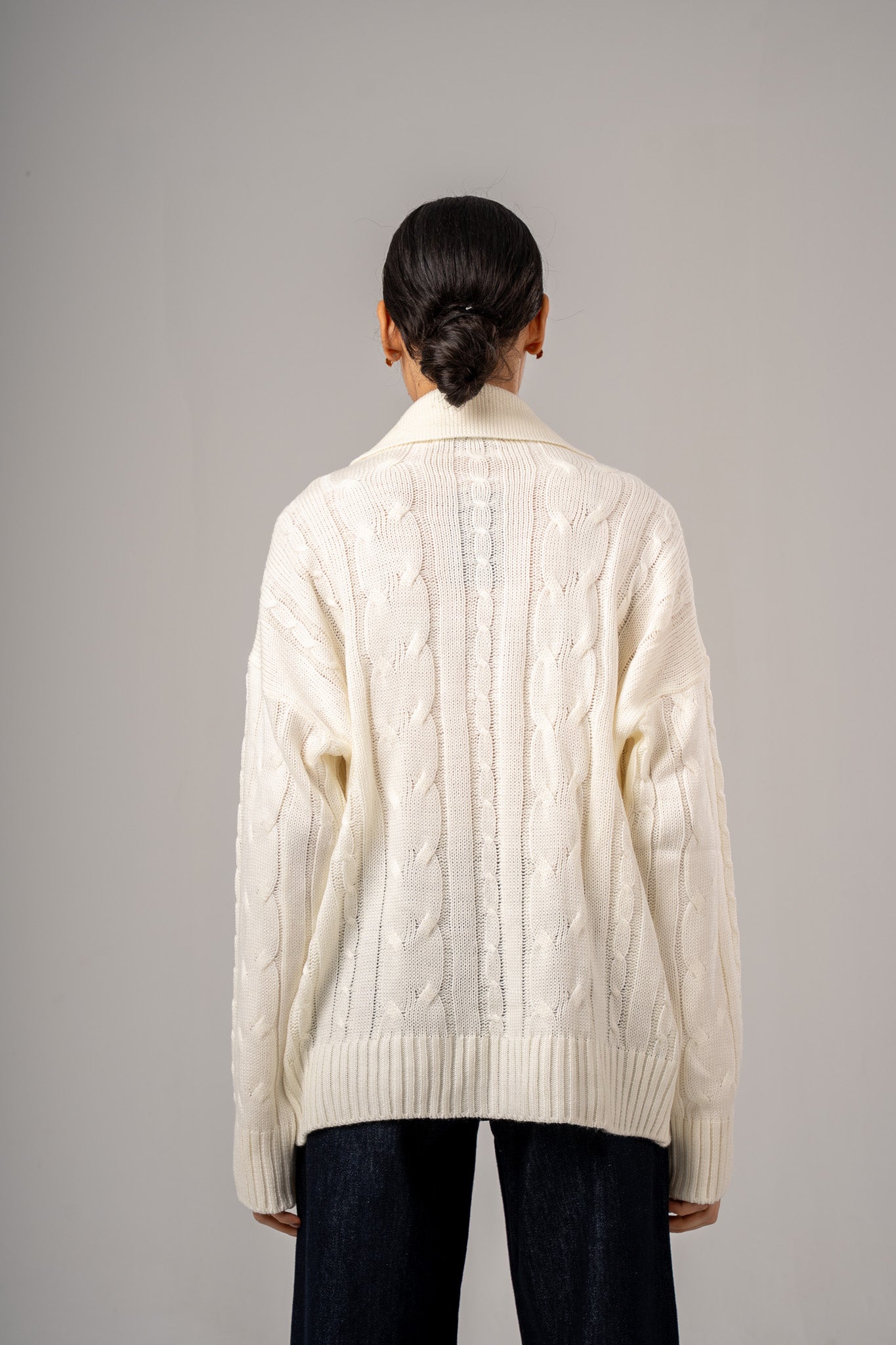 Ecru Cable Pullover With Collar